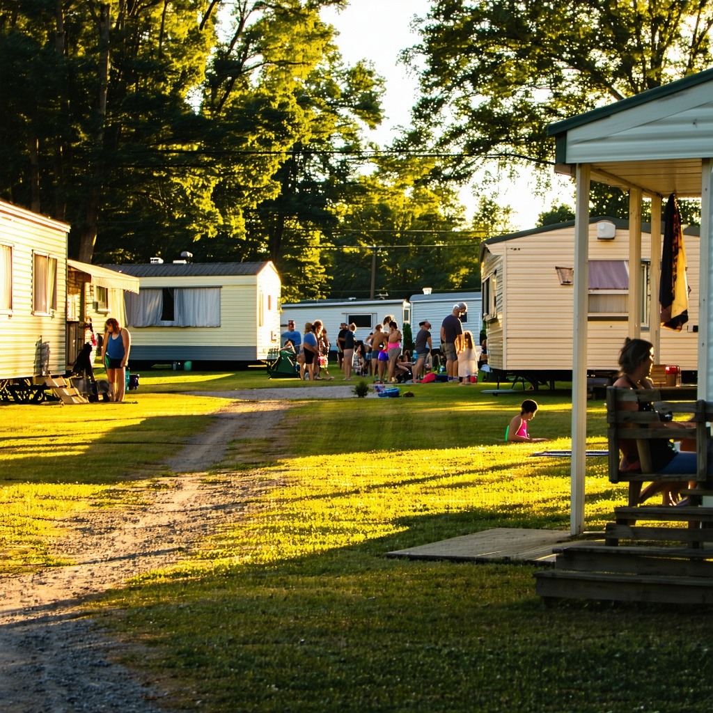 The vibrant community of Hunt Mobile Home Park in Raleigh NC comes alive under the warm embrace of golden hour light casting elongated shadows that dance across the wellkept lawns A closeup shot captures the inviting details of the colorful mobile ho